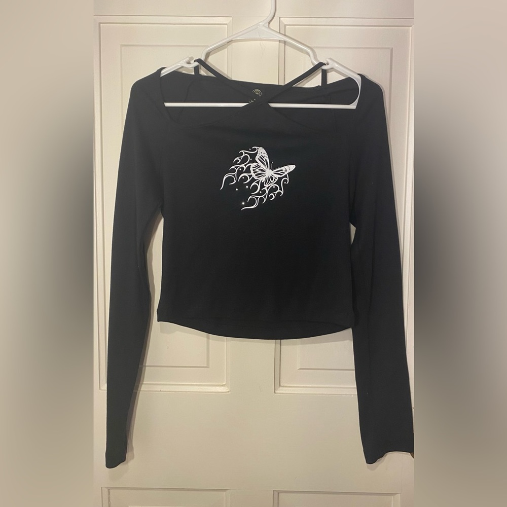 Urban Outfitters Y2K 90s butterfly long sleeve with criss cross top